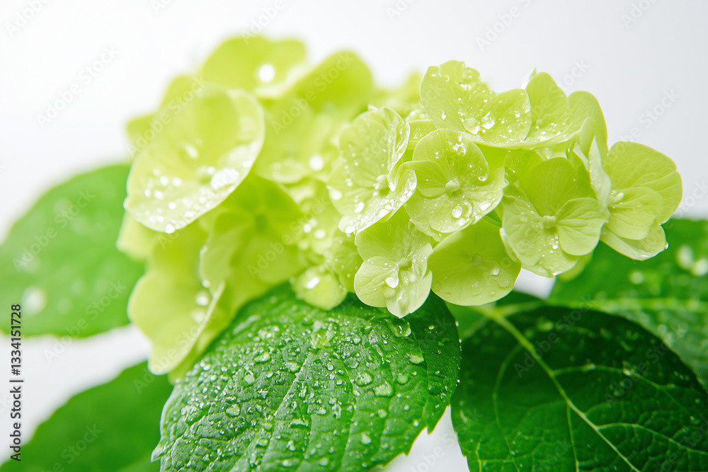 Fresh Green Hydrangea Leaves with Dew Drops in a Close-Up Shot
