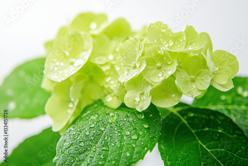 Obraz na płótnie Fresh Green Hydrangea Leaves with Dew Drops in a Close-Up Shot
w salonie