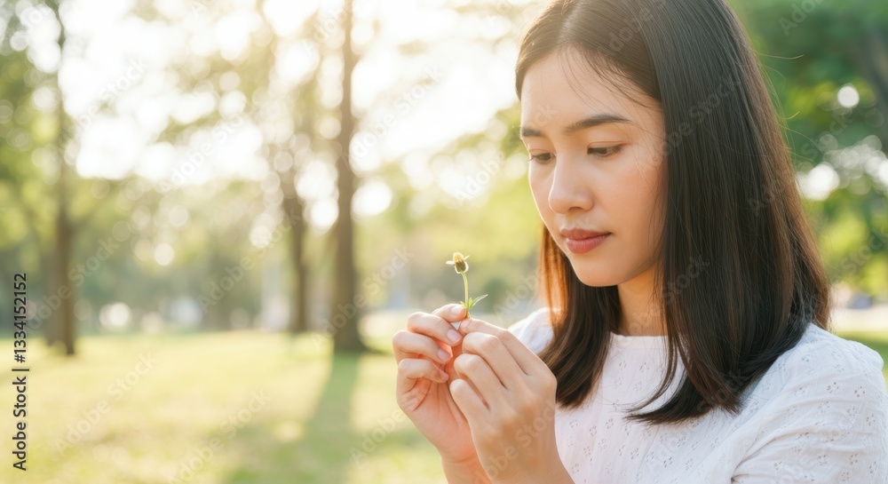 Young asian woman contemplates flower in sunlit park setting Young asian woman contemplates flower in sunlit park setting