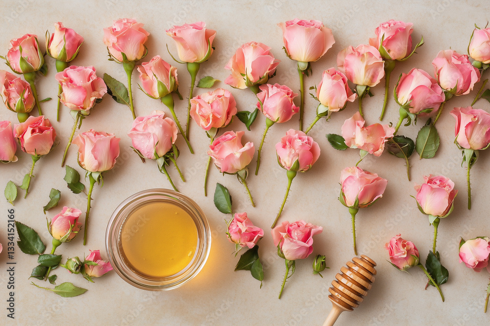 Pink Roses with Honey and Tea on a Romantic Flat Lay Composition