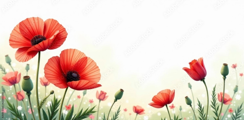 Fototapeta premium Beautiful poppy flowers in watercolor art style with soft brush strokes, painting, brush strokes, vibrant