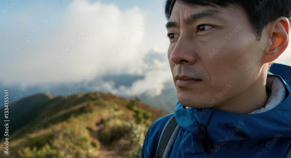 Asian male adult hiking in mountain landscape with moody sky Asian male adult hiking in mountain landscape with moody sky