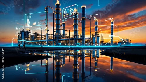Futuristic Smart Industrial Oil Refinery with Digital Interface, Tall Smokestacks, and Advanced Automation at Sunset

