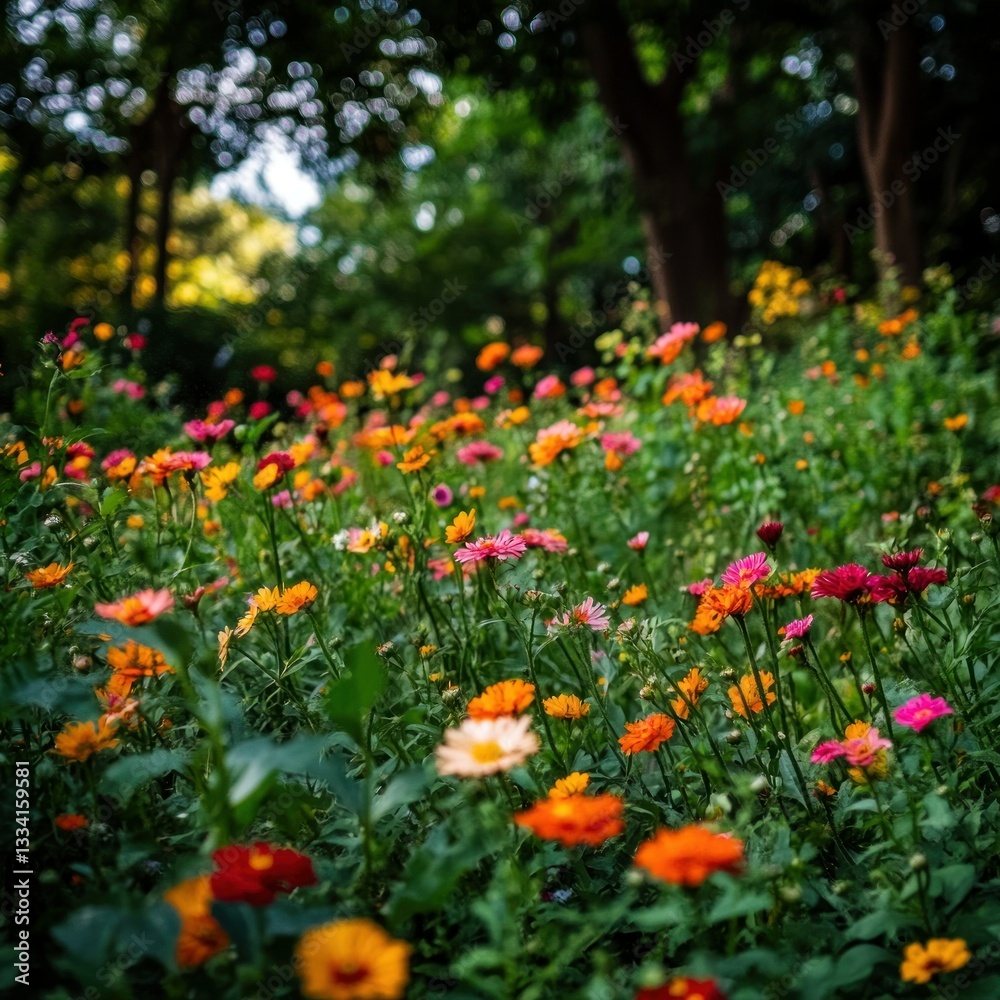 A vibrant flower meadow blooms under tall forest trees naturally A vibrant flower meadow blooms under tall forest trees naturally