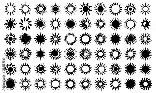 Sun symbol silhouette collection with varied ray patterns. Black and white celestial icons for summer, energy, and tribal design projects