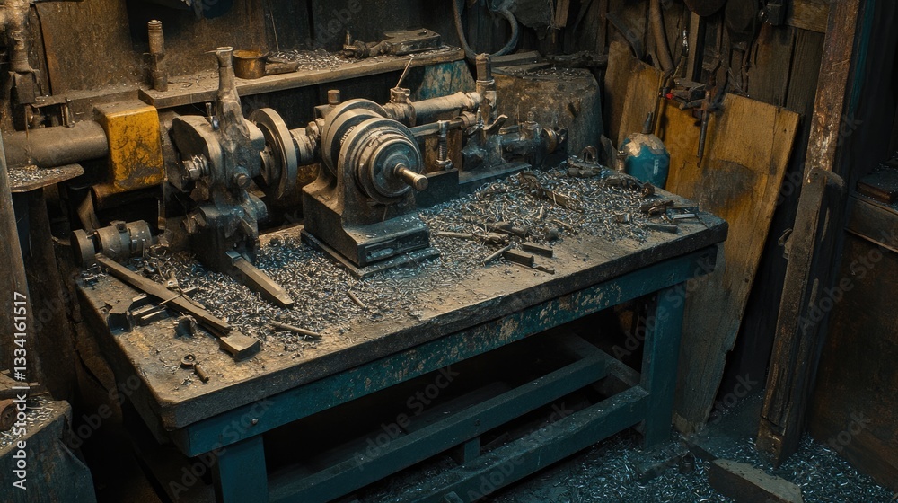 An old, rusted lathe in a dimly lit workshop, surrounded by scattered metal shavings An old, rusted lathe in a dimly lit workshop, surrounded by scattered metal shavings