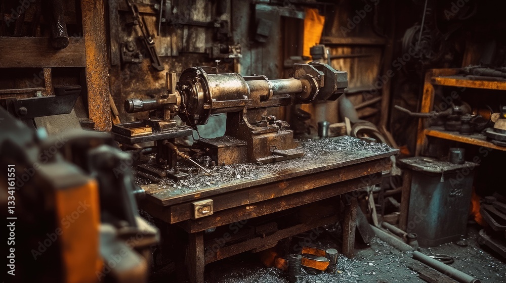 An old, rusted lathe in a dimly lit workshop, surrounded by scattered metal shavings An old, rusted lathe in a dimly lit workshop, surrounded by scattered metal shavings