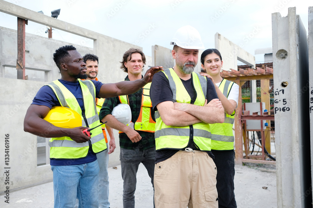 Obraz premium Male engineer and workers standing smiling at construction site.