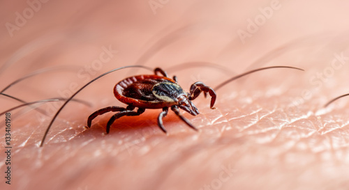 Macro close-up of a tick on human skin illustrating parasitic detail and natural texture photo