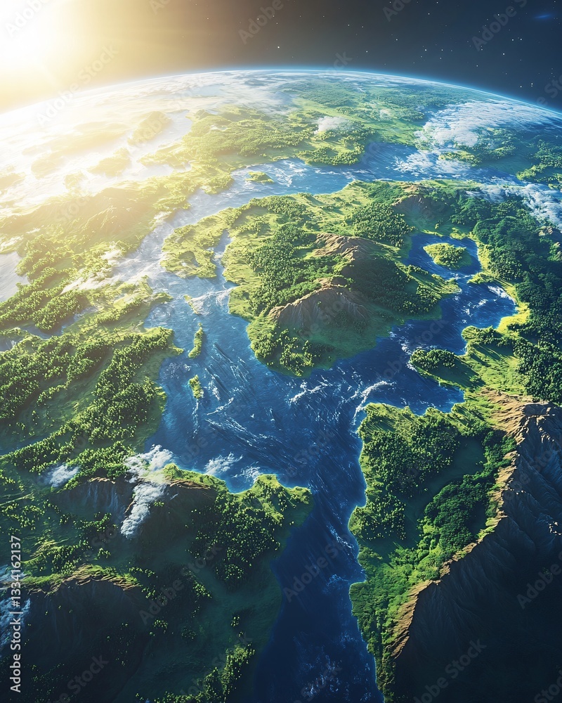 Fototapeta premium Earth day with green planet at sunrise