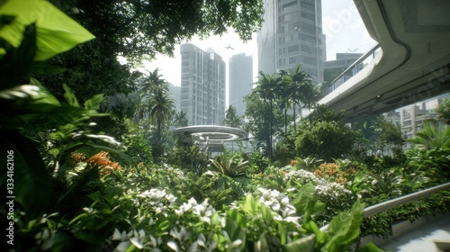 A futuristic cityscape with tall buildings, palm trees, and a circular garden.