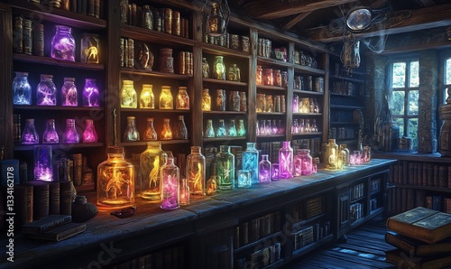 Enchanting Elixirs, A Mystical Apothecary with Glowing Specimen Jars and Ancient Tomes