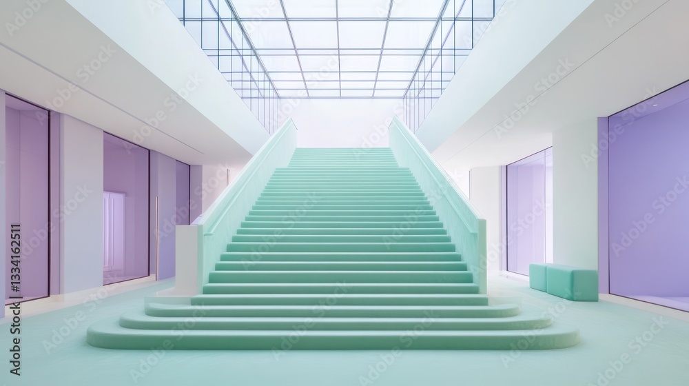 Obraz premium Pastel staircase, modern building interior, glass ceiling, calming atmosphere, architectural design