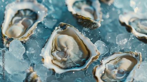 Fresh oysters on ice, perfect for restaurant menus, food blogs and seafood advertising.