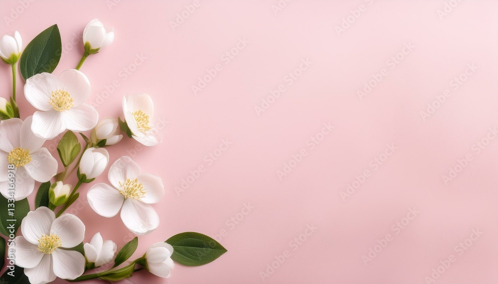 Fototapeta premium Banner with flowers on light pink background. Greeting card template for Wedding