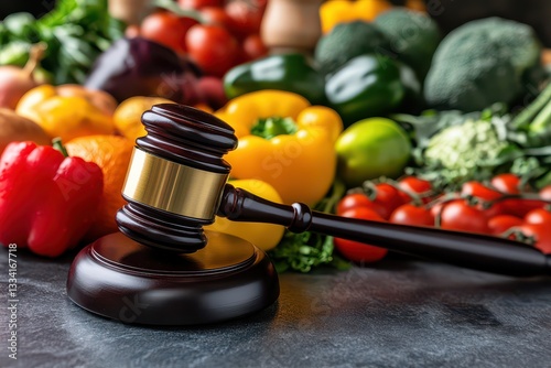 Colorful assortment of fresh vegetables with a gavel symbolizing food regulation and justice