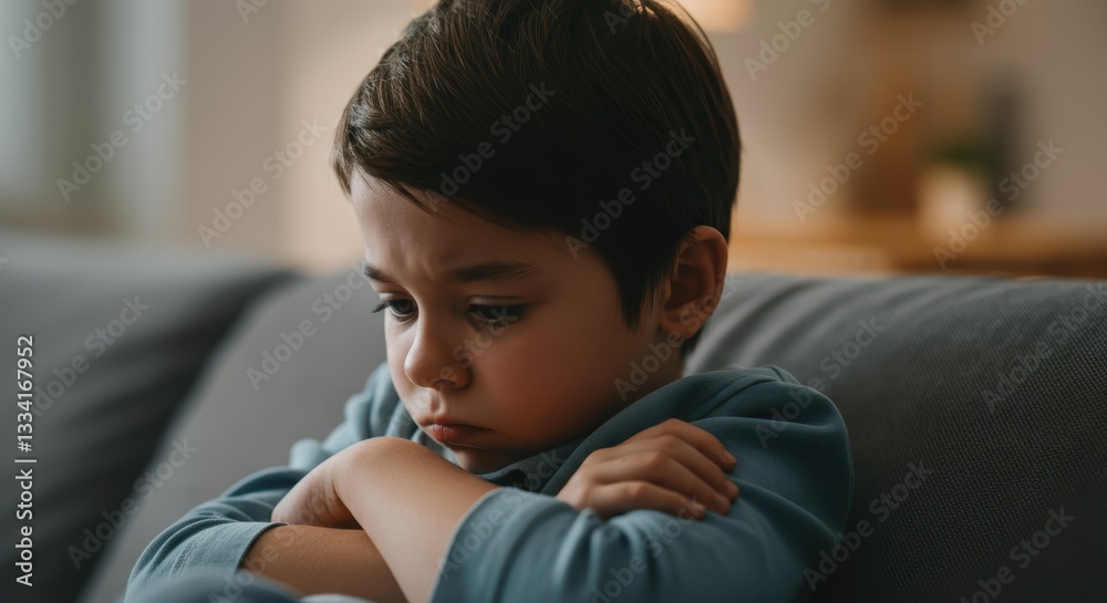 Thoughtful caucasian child sitting on couch in evening light Thoughtful caucasian child sitting on couch in evening light