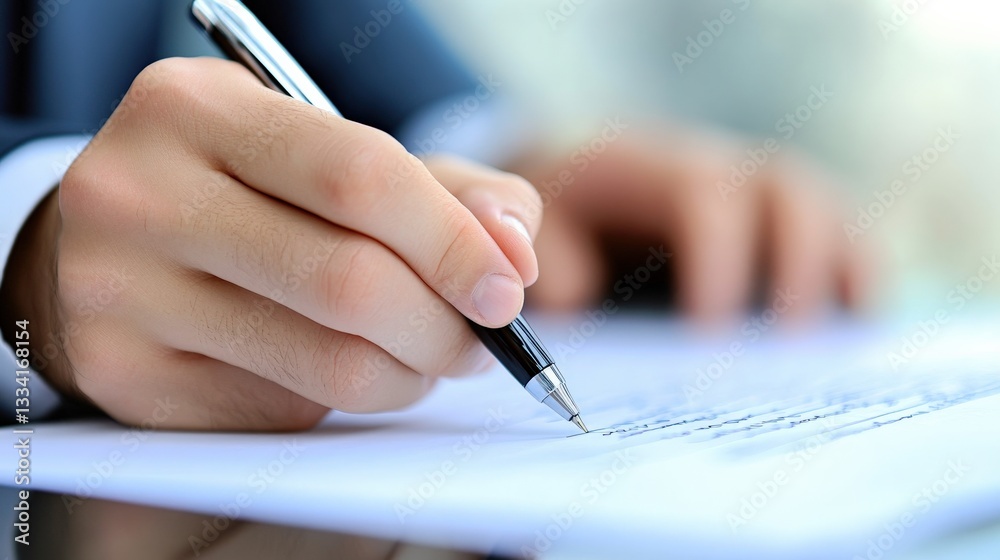 Close-Up of Hand Writing with Pen on Paper in Professional Office Environment