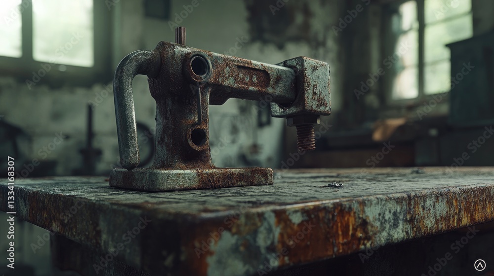 Fototapeta premium A heavy-duty industrial vice with rusted jaws and chipped paint, abandoned on a workbench