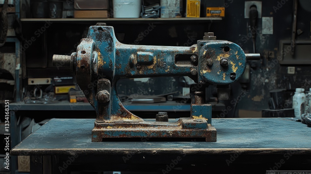 Fototapeta premium A heavy-duty industrial vice with rusted jaws and chipped paint, abandoned on a workbench