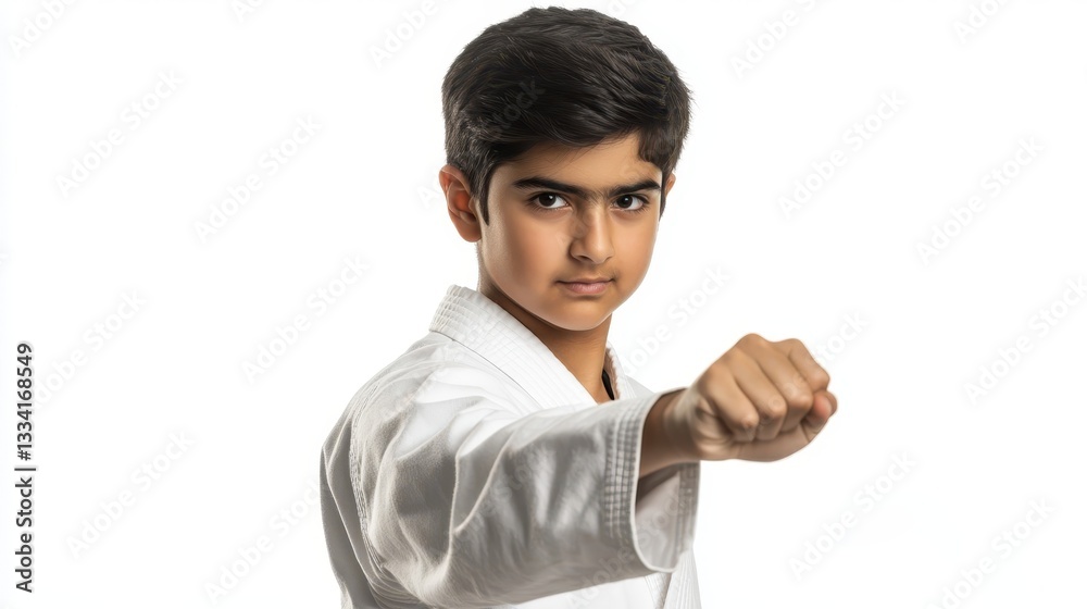 Young boy practices martial arts with a serious expression Young boy practices martial arts with a serious expression