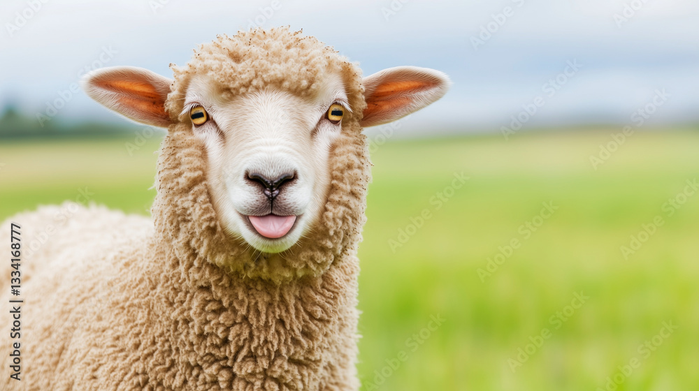 Fototapeta premium Happy Sheep with a Playful Expression A close-up of a fluffy sheep in a green pasture, with its tongue sticking out in a humorous and adorable way.