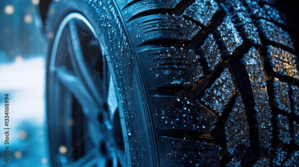 Fototapeta premium Close-Up of Wet Tire Tread with Raindrops on a Car Wheel in a Dynamic Urban Setting