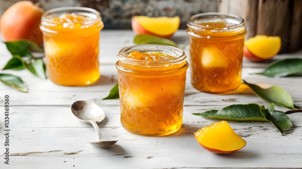 Homemade Peach Jam in Glass Jars Rustic Table Homemade Peach Jam in Glass Jars Rustic Table