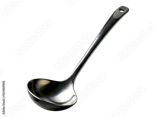 Sleek, modern ladle isolated on white.  Perfect for cooking, food blogs, or kitchenware websites.  High-quality image showcasing the utensil's elegant design and reflective surface.
