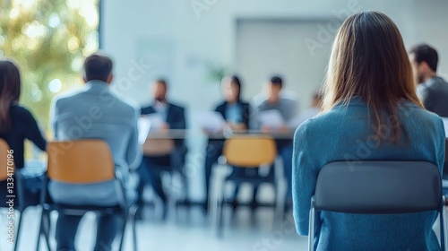 A young woman sitting in a meeting room atmosphere