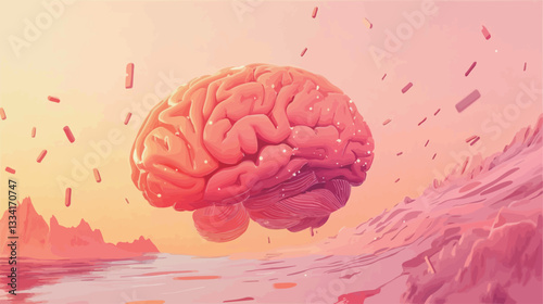 A three-dimensional render depicts a stylized, pink human brain floating above a surreal, abstract landscape. The landscape is composed of soft, undulating forms in shades of pink and orange,