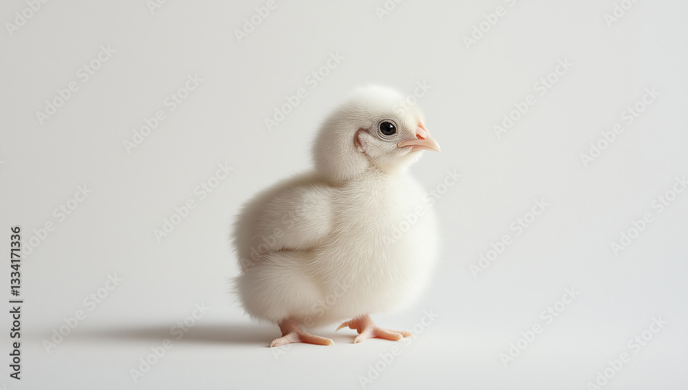 Small, fluffy, white chick standing on a plain white surface. The chick has a rounded body, tiny wings, orange feet, an orange beak, and dark eyes, emphasizing its soft feathers and delicate features. Small, fluffy, white chick standing on a plain white surface. The chick has a rounded body, tiny wings, orange feet, an orange beak, and dark eyes, emphasizing its soft feathers and delicate features.