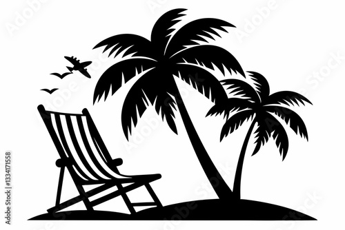 beach chair and palm tree line art silhouette vector illustration