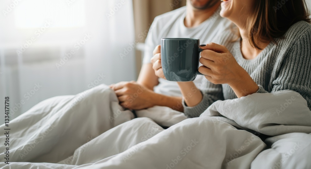 Couple relaxing with coffee in cozy bedroom setting Couple relaxing with coffee in cozy bedroom setting