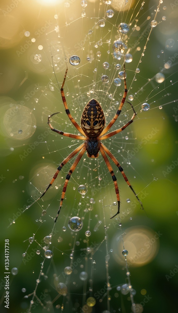 Spider on Web with Dew Drops Glimmering in Soft Morning Light Spider on Web with Dew Drops Glimmering in Soft Morning Light