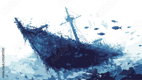 A stylized image depicting a partially submerged shipwreck in shades of blue. The image appears to be digitally painted or manipulated, exhibiting a painterly texture with visible brushstrokes or