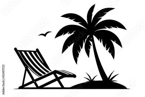 beach chair and palm tree line art silhouette vector illustration