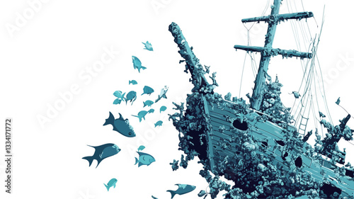 The image is a digital illustration or rendering depicting a sunken ship partially covered in marine life.  The color palette is predominantly shades of blue and turquoise. The ship is shown from a