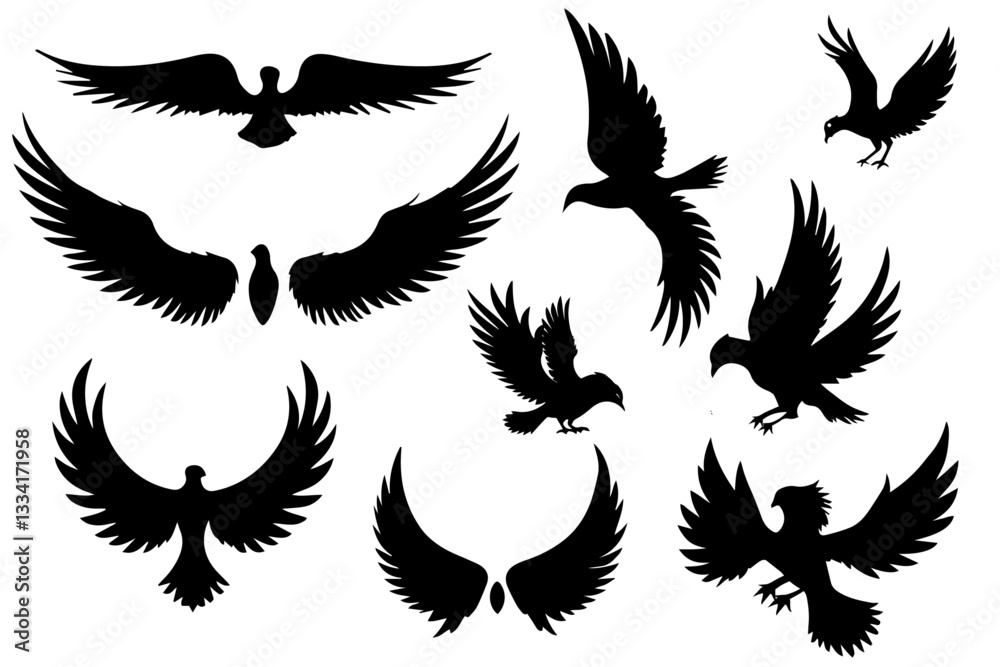 Obraz premium birds with different styles, angel wings emblem, bird feathers minimal silhouette on white background, vector illustration.