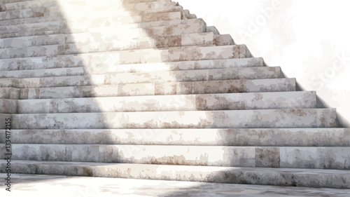 High-angle, close-up view of a stone staircase extending diagonally across the frame.  The stairs are made of light-colored, textured stone, showing variations in color and tone. A strong beam of