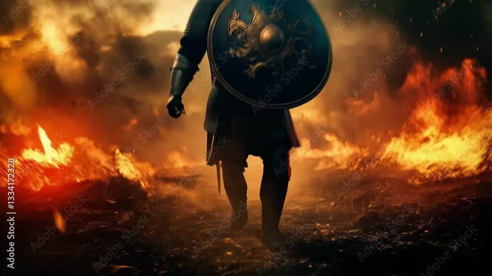 The Viking marched forward, his silhouette framed by the flickering flames and the gleam of his shield.