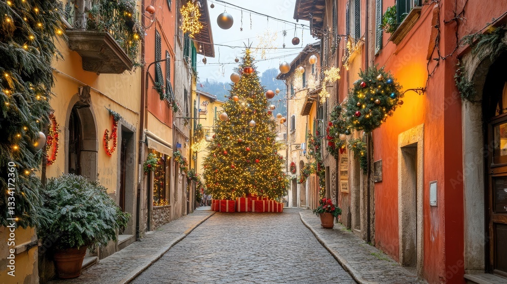 A narrow street with a beautifully decorated Christmas tree in the middle, glowing with fairy lights A narrow street with a beautifully decorated Christmas tree in the middle, glowing with fairy lights