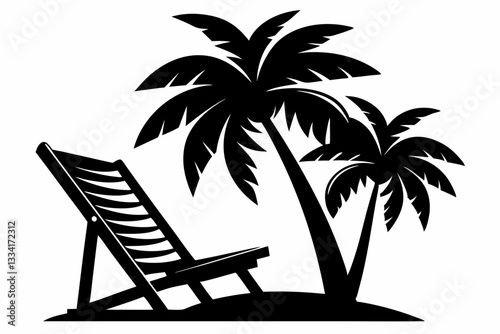 beach chair and palm tree line art silhouette vector illustration