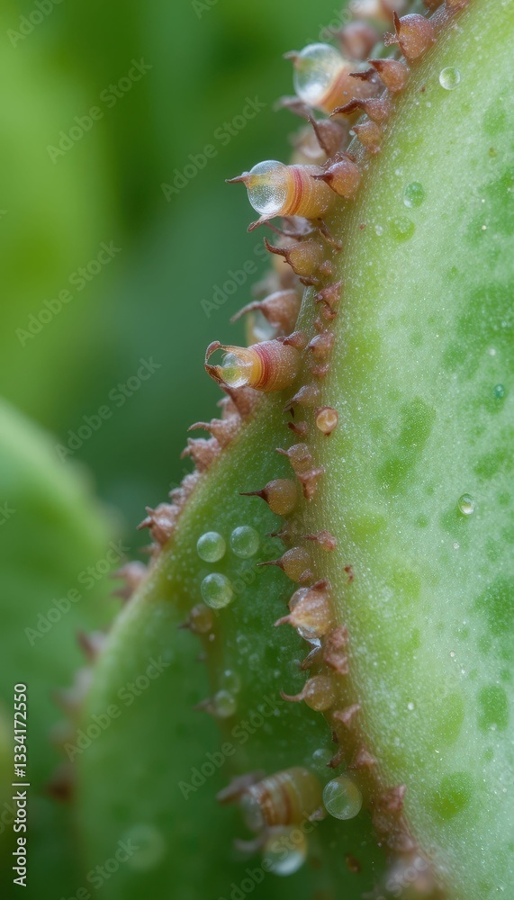 Naklejka premium Close-up of Green Cactus with Water Droplets on Spiky Surface
