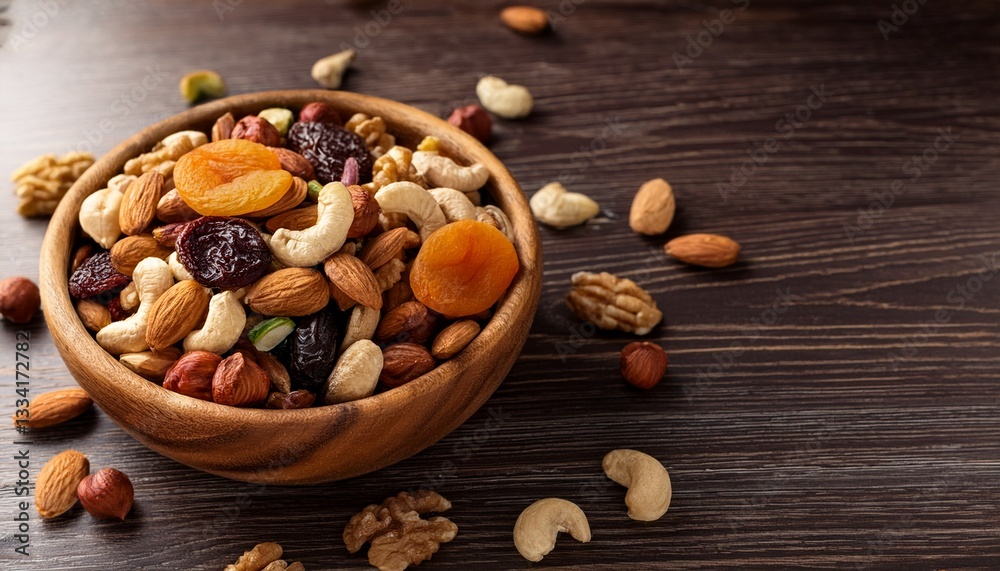 Mixed nuts and dried fruits in wooden bowl on wooden background. Healthy snack, mix of organ Mixed nuts and dried fruits in wooden bowl on wooden background. Healthy snack, mix of organ
