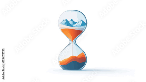 A digital illustration of an hourglass. The hourglass is depicted in a stylized manner, with a clear glass body. The upper bulb contains a stylized depiction of a snow-capped mountain range,