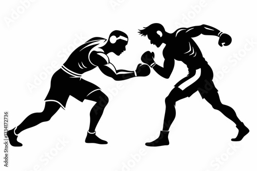 boxing match featuring two men fighting line art silhouette vector illustration