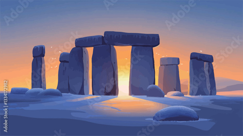 Digitally painted landscape depicting a stone circle at sunset during winter.  The scene is rendered in a stylized, painterly manner with soft edges and muted color palette. The dominant colors are