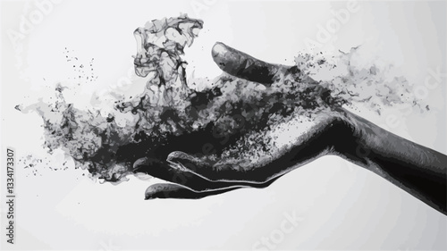 A monochrome close-up shot depicts a hand gently cradling a cloud of fine, dark particles that appear to be dust or powder.  The particles are dispersed and dynamic, with some lighter areas