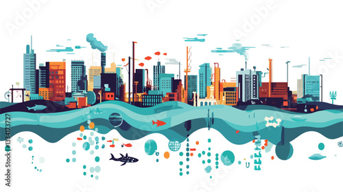 A stylized, flat design illustration depicting a cityscape with numerous industrial buildings and skyscrapers.  The city sits atop a stylized representation of ocean waves, incorporating various
